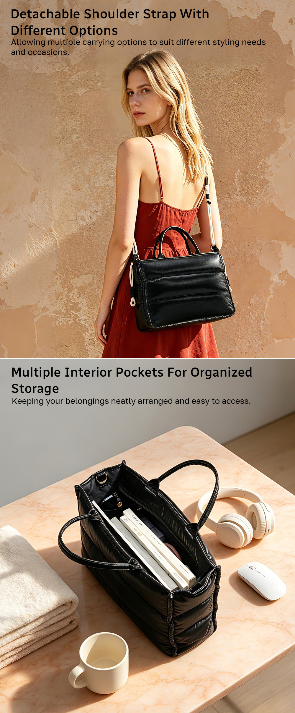 Luxurious and Classic Water-Repellent Puffy Tote Bag ICM-002-XS Features