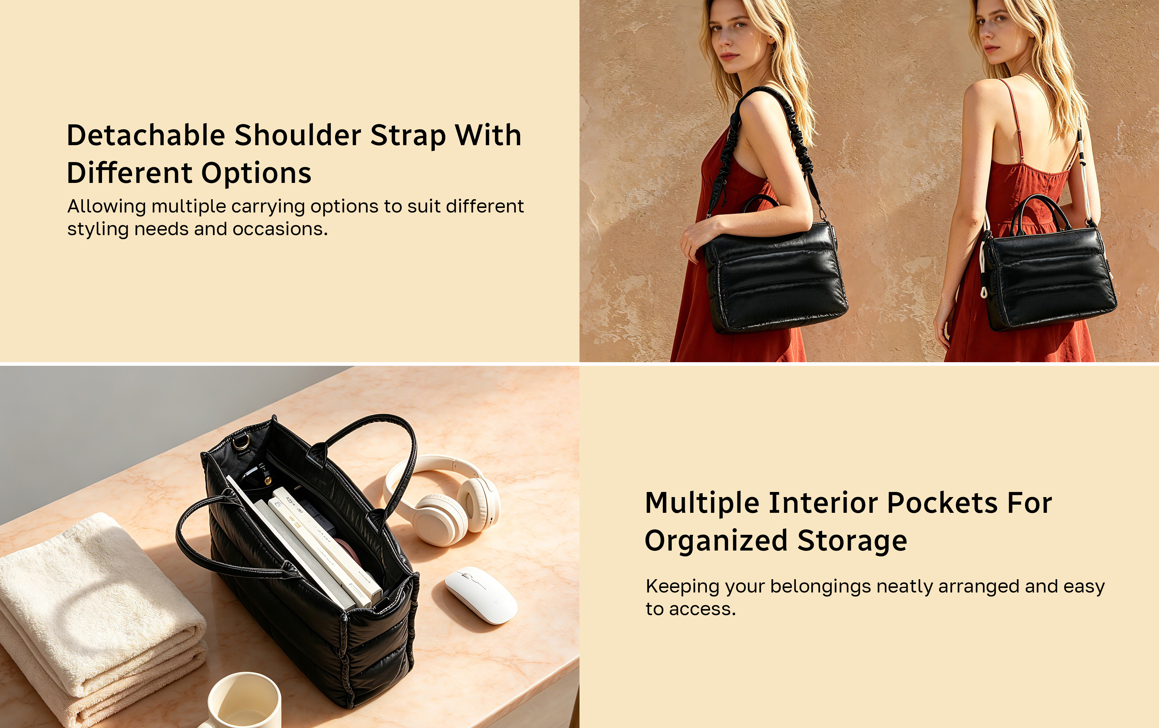 Luxurious and Classic Water-Repellent Puffy Tote Bag ICM-002-XS Features