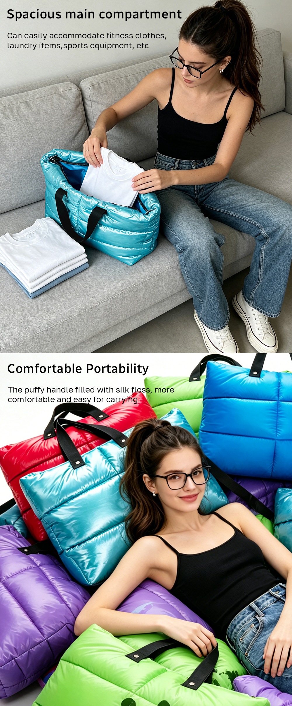 Oversize Metallic Puffy Travel Tote Bag PTB-0087-JS Features