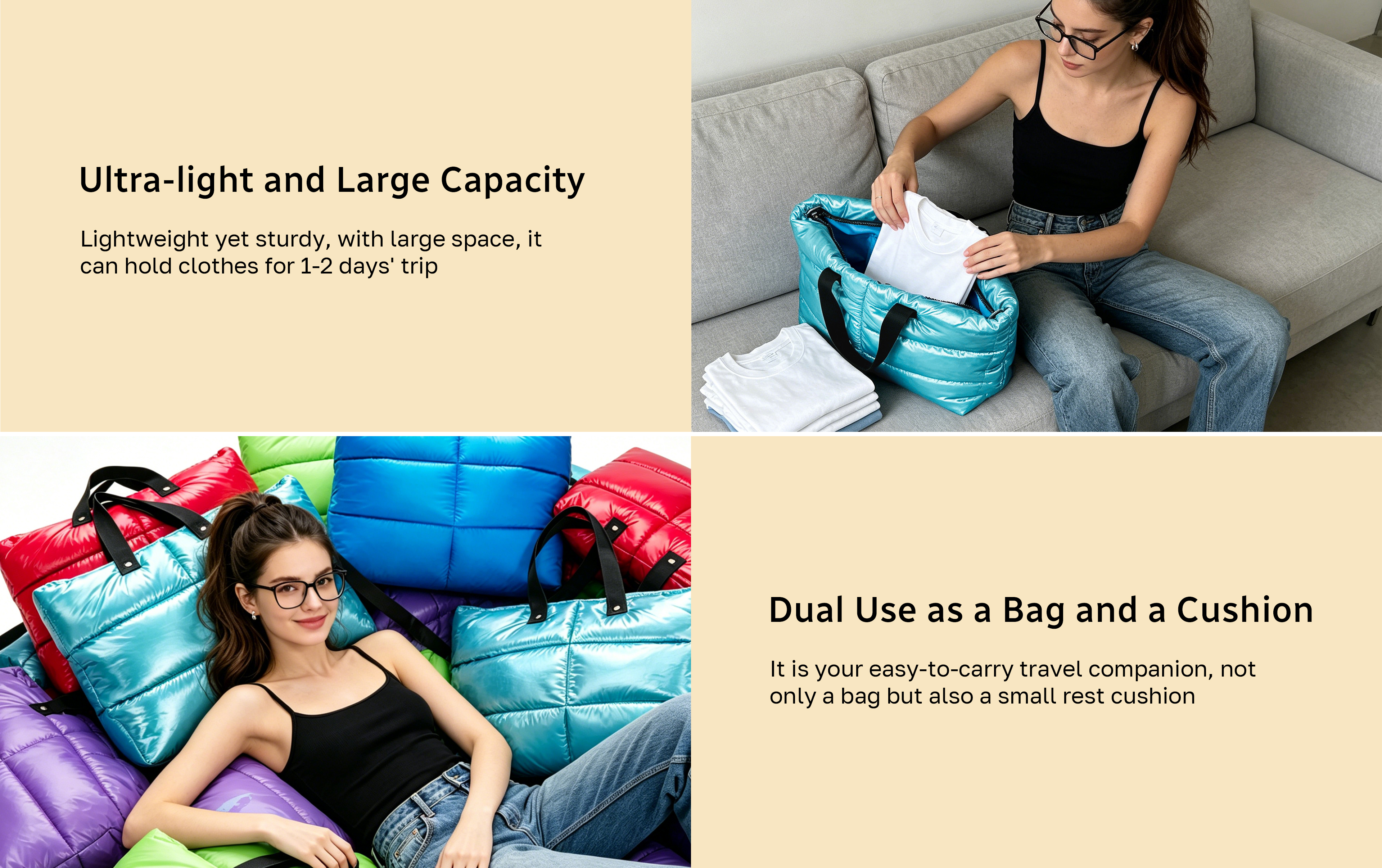 Oversize Metallic Puffy Travel Tote Bag PTB-0087-JS Features